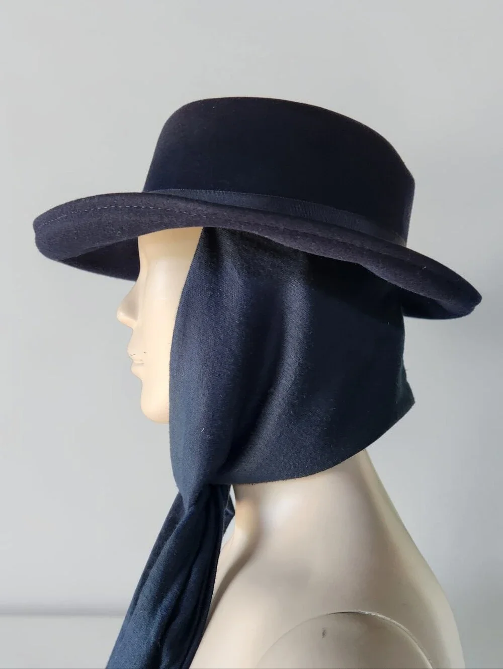 Bollman Wool Scarf Wrap Hat Navy Curled Brim Doeskin USA Mid Century Round